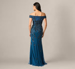 Off Shoulder Floral Beaded Stretch Crepe Mermaid Gown In Deep Blue 5