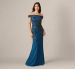 Off Shoulder Floral Beaded Stretch Crepe Mermaid Gown In Deep Blue 2