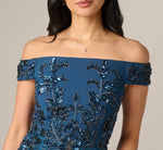 Off Shoulder Floral Beaded Stretch Crepe Mermaid Gown In Deep Blue 3