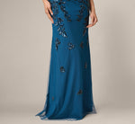 Off Shoulder Floral Beaded Stretch Crepe Mermaid Gown In Deep Blue 4