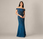 Off Shoulder Floral Beaded Stretch Crepe Mermaid Gown In Deep Blue 1