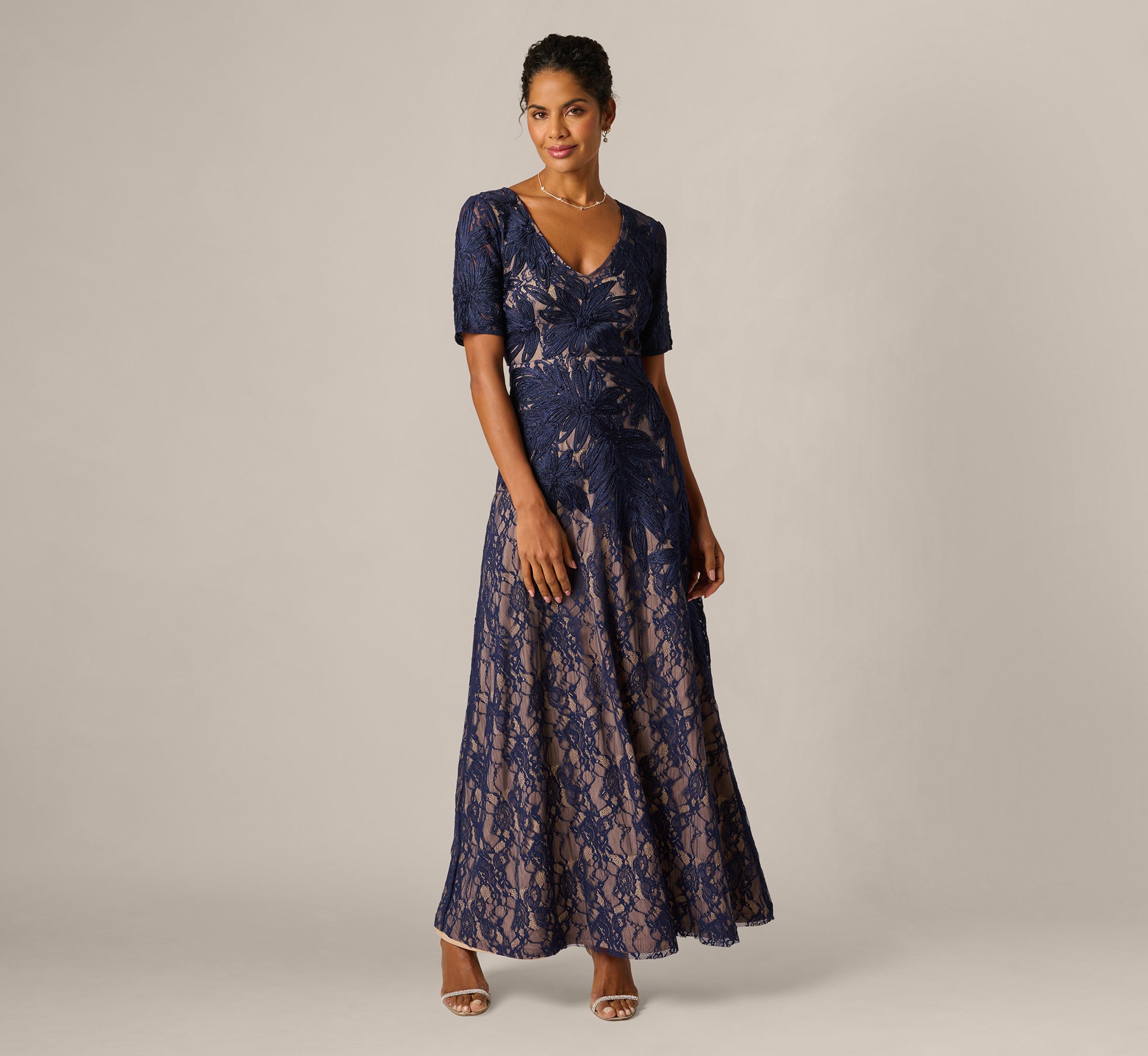Adrianna Papell Short Sleeve Lace Soutache Embroidery Gown - Navy/Nude Adrianna Papell Short Sleeve Lace Soutache Embroidery Gown - Navy/Nude