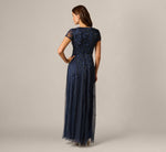 Short Sleeve Linear 3D Floral Beaded Gown In Navy 5