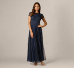 Short Sleeve Linear 3D Floral Beaded Gown In Navy 2