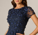 Short Sleeve Linear 3D Floral Beaded Gown In Navy 3