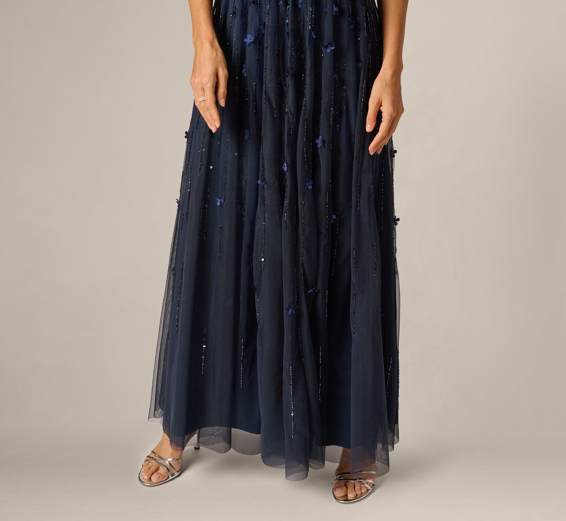 adrianna papell navy blue beaded dress Short Sleeve Linear 3D Floral Gown over handsewn beading in Ariel Birthday Dress for HAPPYFEET size_name:Medium