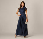 Short Sleeve Linear 3D Floral Beaded Gown In Navy 1