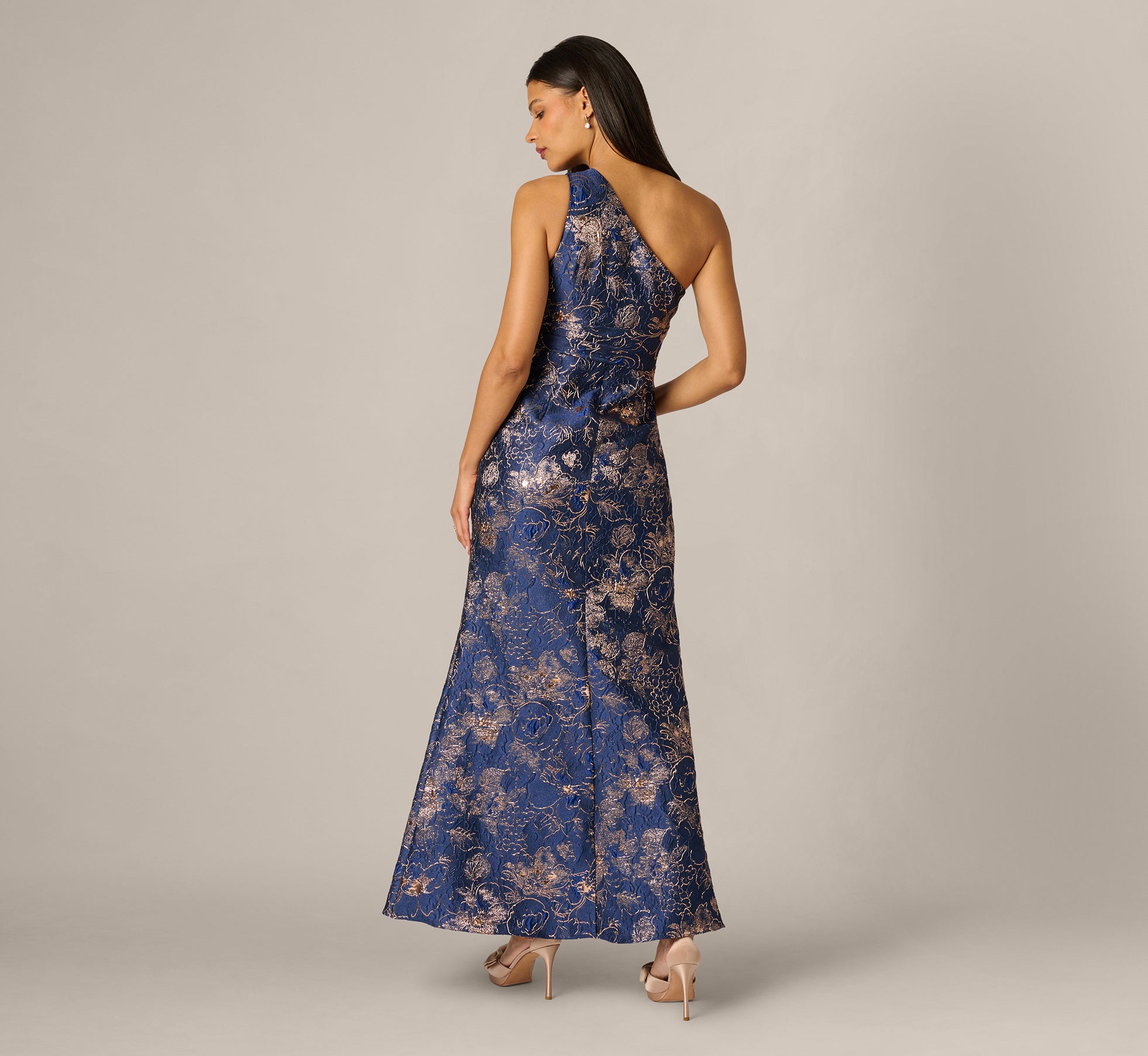 Blue Petite One Shoulder Floral Jacquard Bow Gown