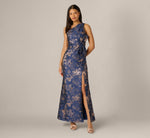 Petite One Shoulder Floral Jacquard Bow Gown In Navy Rosegold 3
