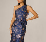 Petite One Shoulder Floral Jacquard Bow Gown In Navy Rosegold 5