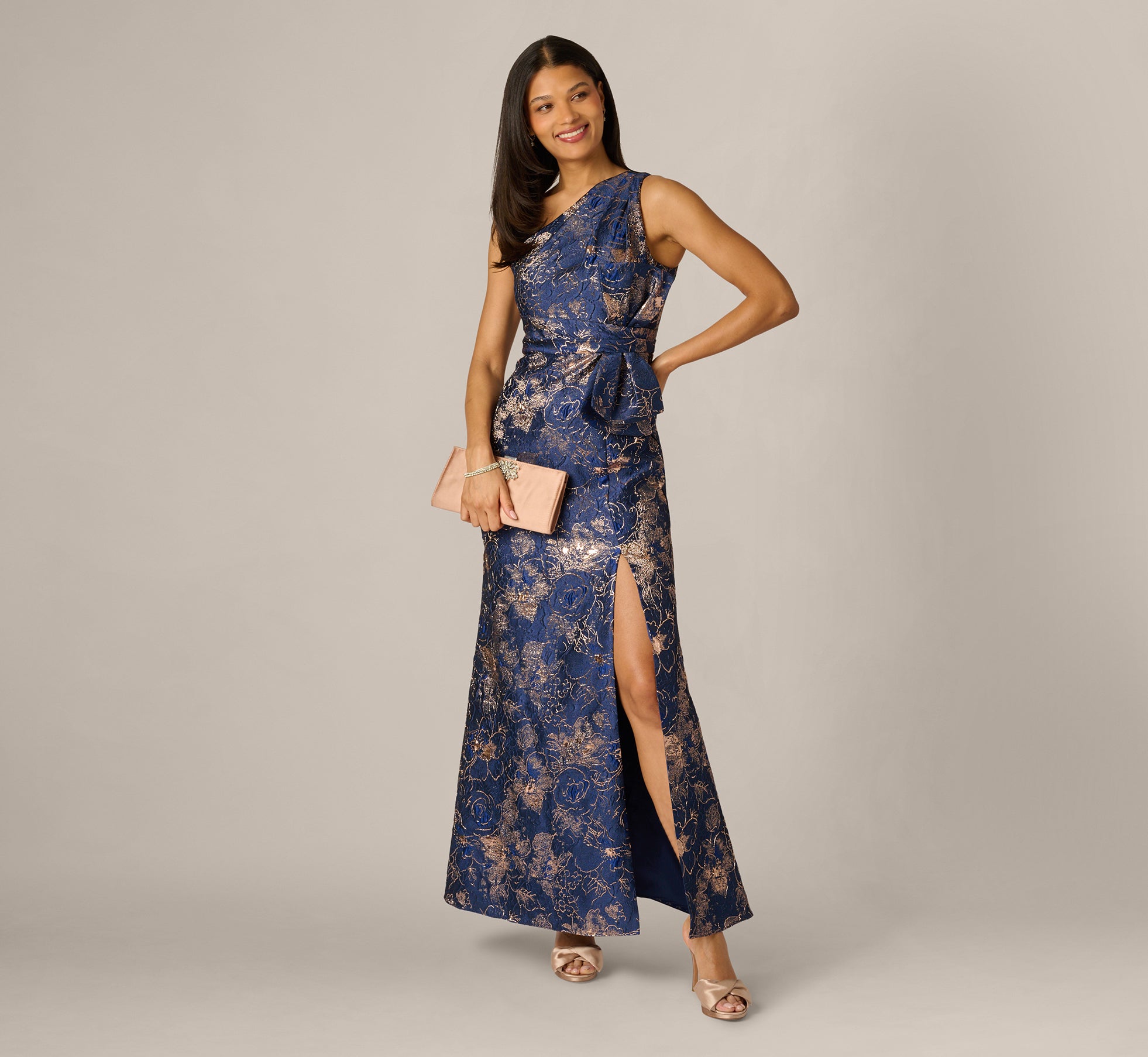 Blue Petite One Shoulder Floral Jacquard Bow Gown - Adrianna Papell