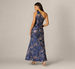 One Shoulder Floral Jacquard Bow Gown In Navy Rosegold 6