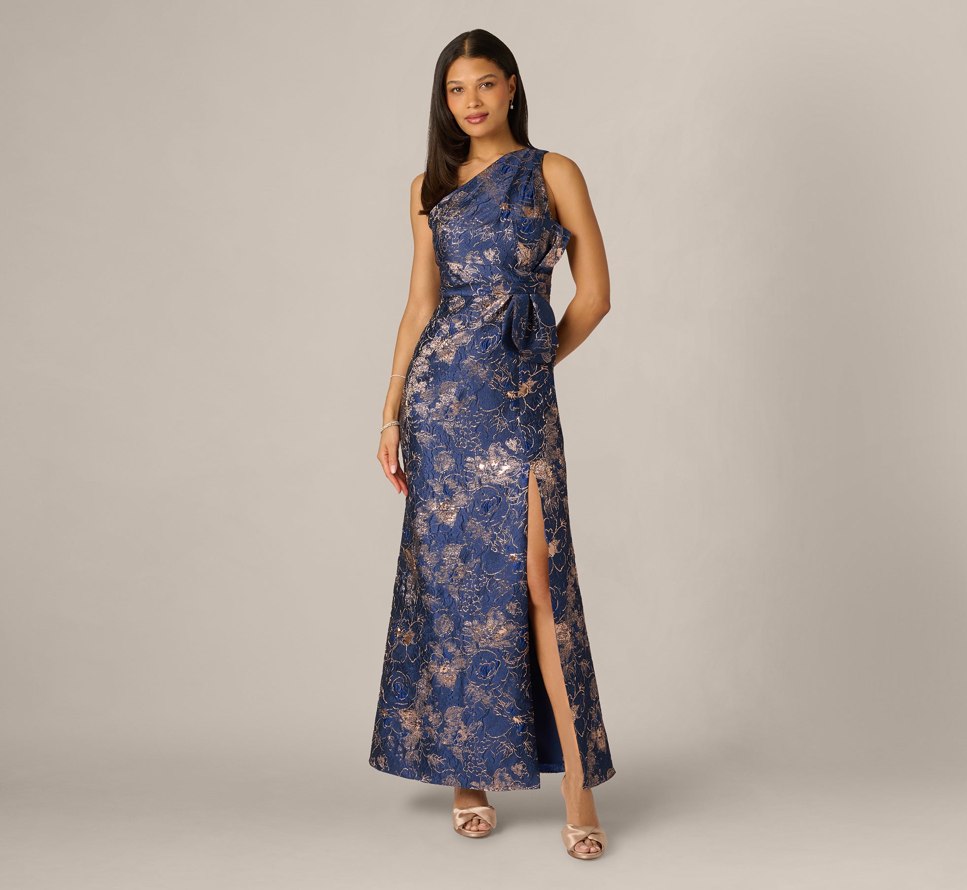 One Shoulder Floral Jacquard Bow Gown In Navy Rosegold-Navy/Rosegold / Regular / 0