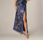 One Shoulder Floral Jacquard Bow Gown In Navy Rosegold 4