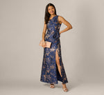 One Shoulder Floral Jacquard Bow Gown In Navy Rosegold 2