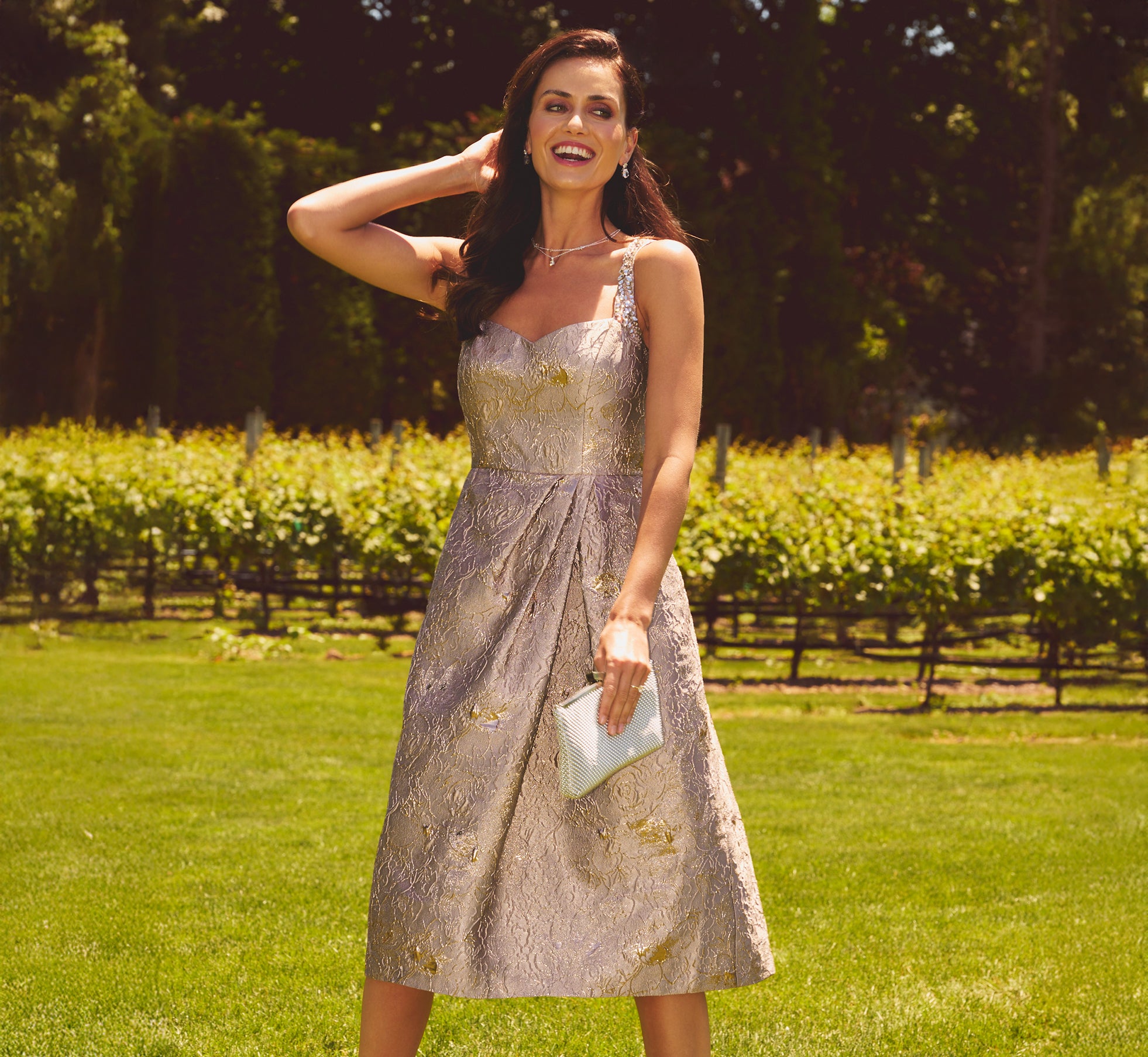 Metallic Jacquard Rhinestone Strap Midi Dress In Candied Ginger 1