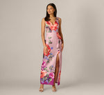 Floral Mikado Draped Column Gown In Mauve Multi 3
