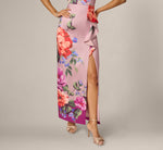 Floral Mikado Draped Column Gown In Mauve Multi 4