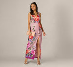 Floral Mikado Draped Column Gown In Mauve Multi 2