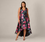 Plus Size Floral Print Mikado High Low Gown In Black Multi 2