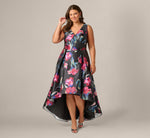 Plus Size Floral Print Mikado High Low Gown In Black Multi 1