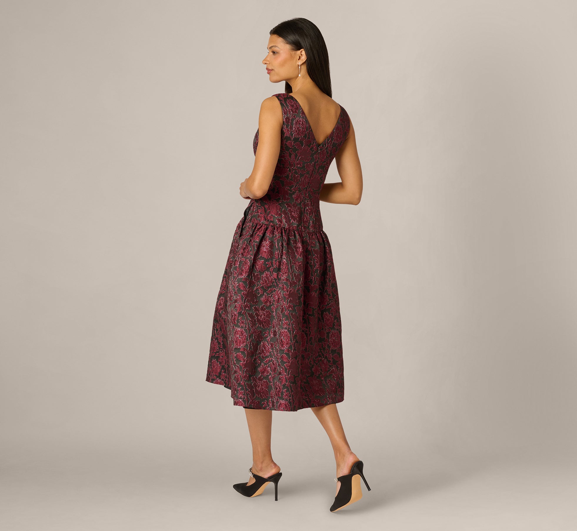 Drop Waist Floral Jacquard Midi Dress In Burgundy, Burgundy / Regular / 0