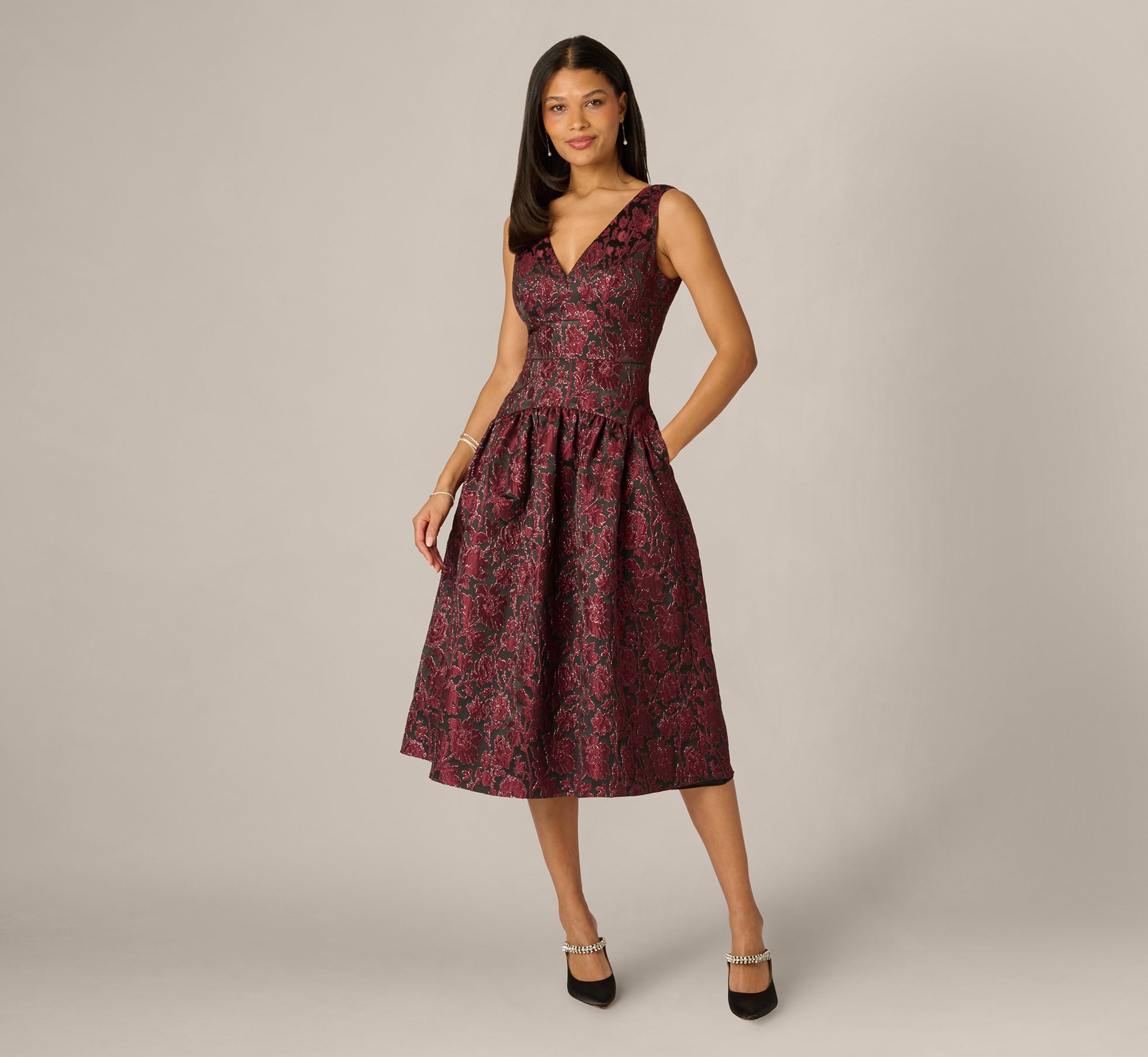 Drop Waist Floral Jacquard Midi Dress In Burgundy, Burgundy / Regular / 0