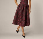Drop Waist Floral Jacquard Midi Dress In Burgundy 3