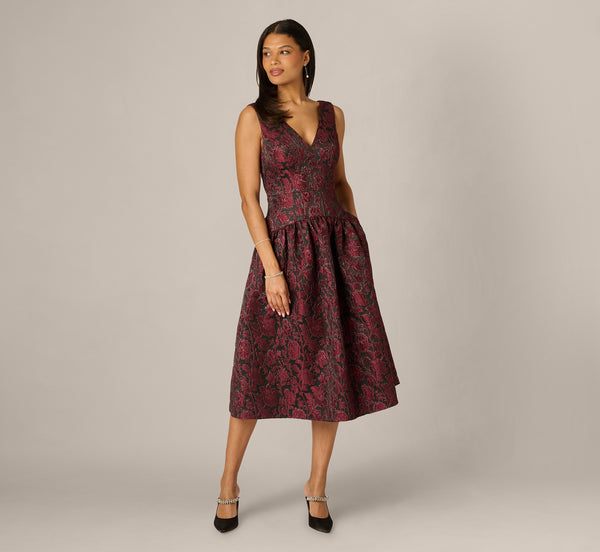 Drop Waist Floral Jacquard Midi Dress In Burgundy, Burgundy / Regular / 0