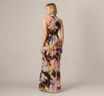 Floral Ribbon Chiffon Halter Mermaid Gown In Black Multi 6