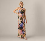 Floral Ribbon Chiffon Halter Mermaid Gown In Black Multi 3