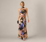 Floral Ribbon Chiffon Halter Mermaid Gown In Black Multi 2