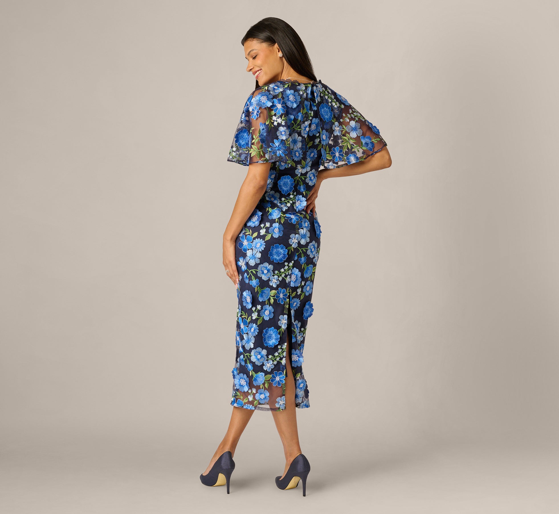 Cape Sleeve Floral Embroidered Midi Dress In Blue Multi, Blue Multi / Regular / 0