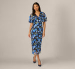 Cape Sleeve Floral Embroidered Midi Dress In Blue Multi 2