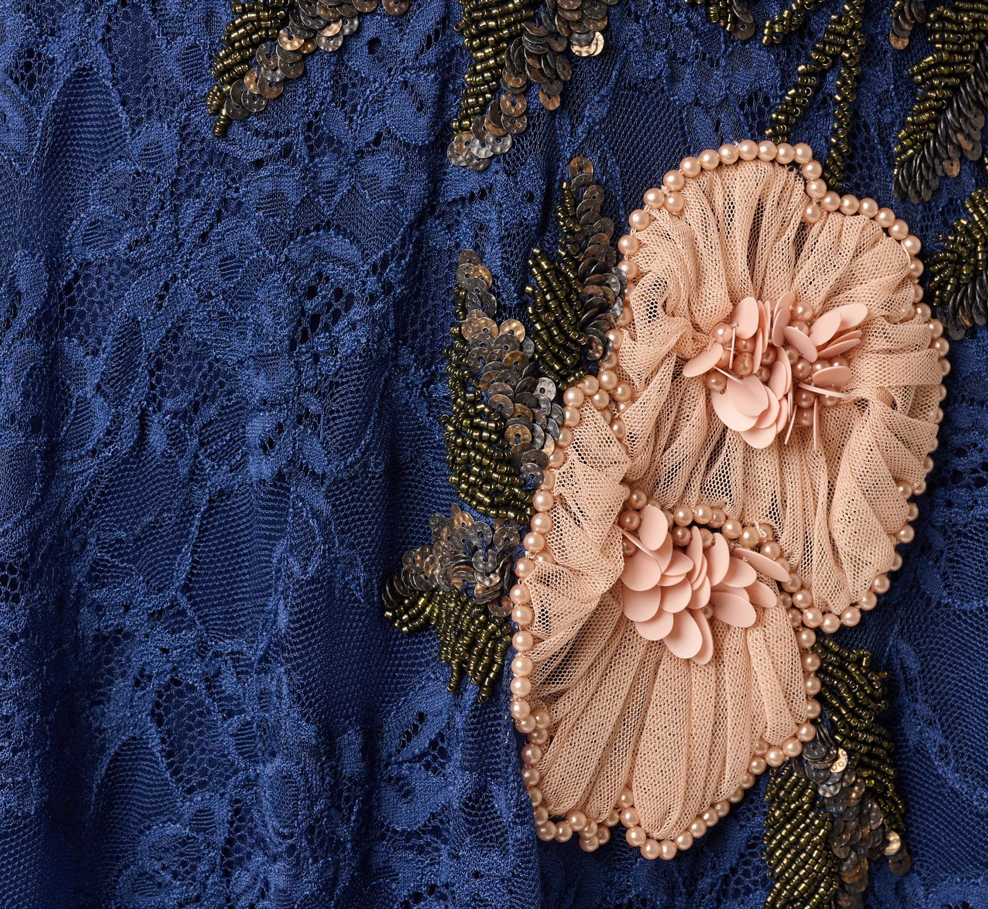 Navy Off Shoulder Beaded Floral Lace Midi Dress - Adrianna Papell