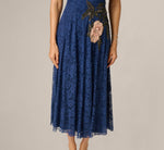 Off Shoulder Beaded Floral Lace Midi Dress In Navy Blush 4