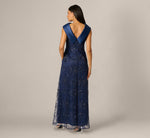 Floral Embroidered Satin Roll Collar Gown In Midnight 5