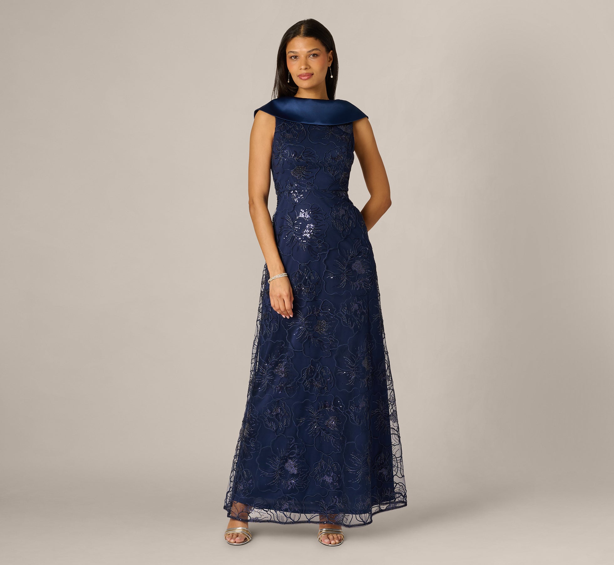 Navy Floral Embroidered Satin Roll Collar Gown