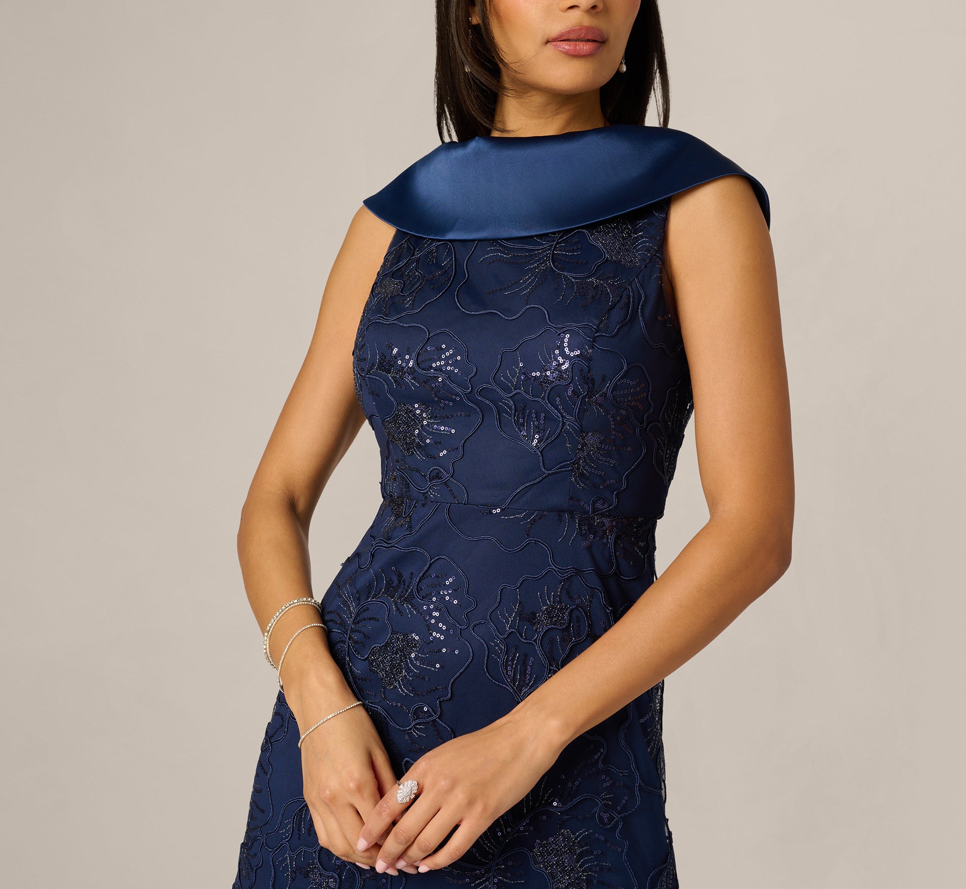 navy blue floral dress for wedding Navy Floral Embroidered Satin Roll Collar Gown