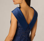 Floral Embroidered Satin Roll Collar Gown In Midnight 4