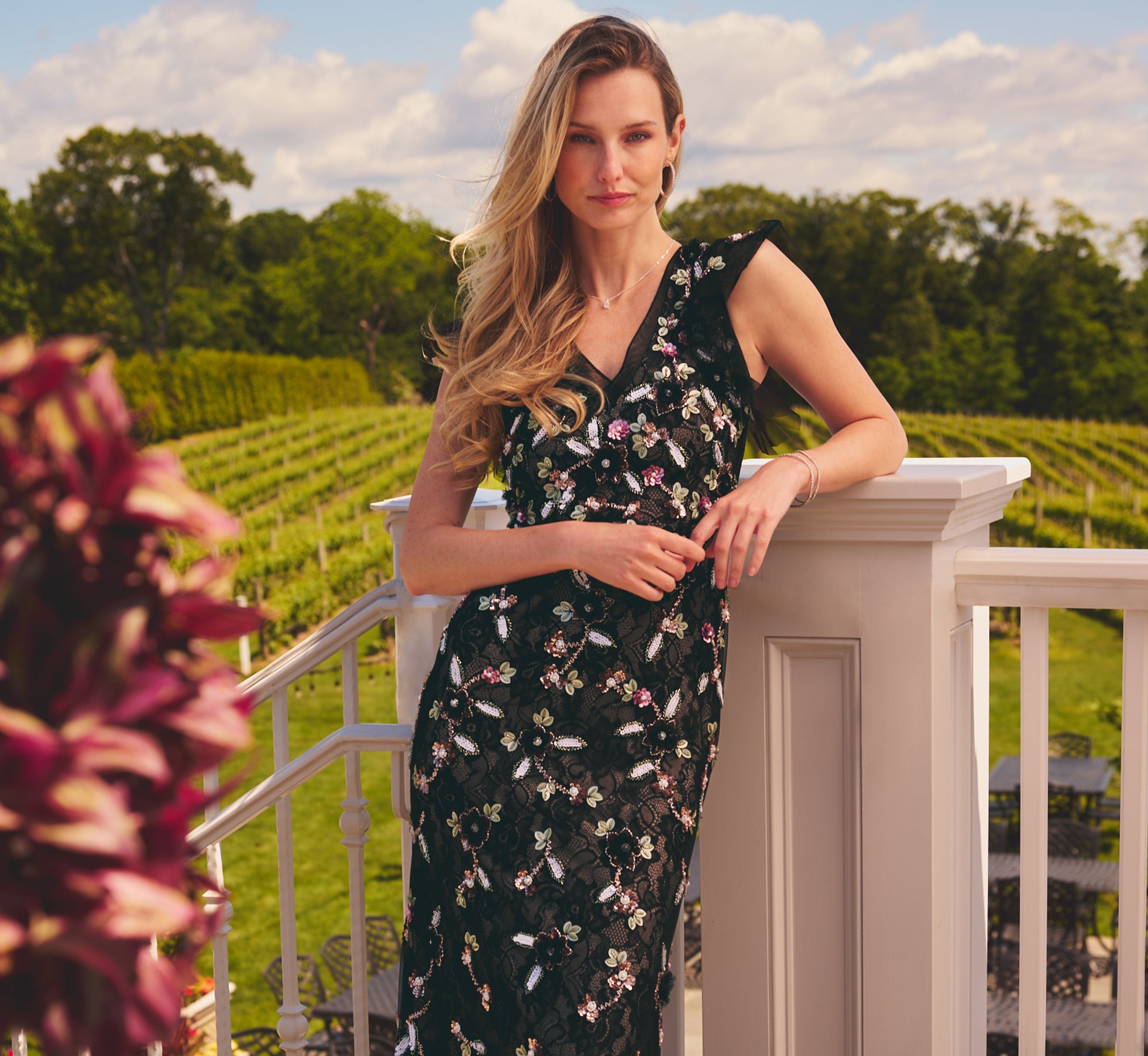 Flutter Sleeve Floral Sequin Beaded Lace Gown In Black Blush Multi 1