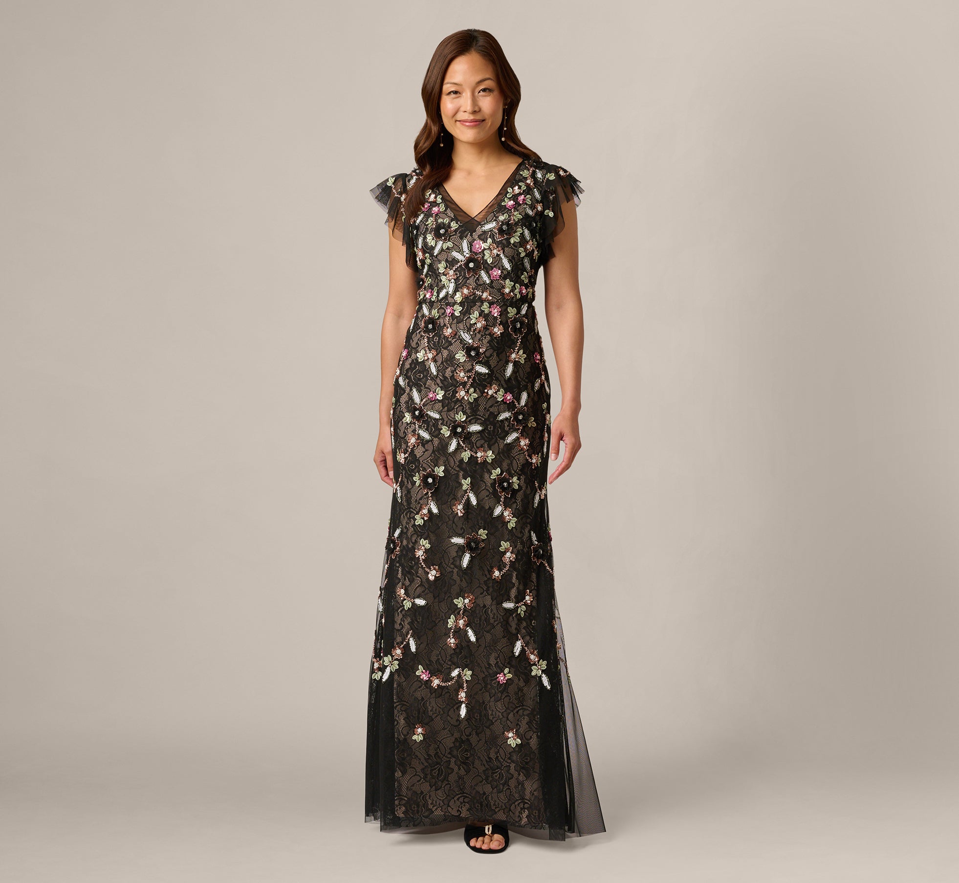 Multi Colored Flutter Sleeve Floral Sequin Beaded Lace Gown - Adrianna Papell Multi Colored Flutter Sleeve Floral Sequin Beaded Lace Gown - Adrianna Papell