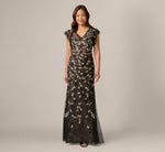 Flutter Sleeve Floral Sequin Beaded Lace Gown In Black Blush Multi 2