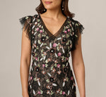 Flutter Sleeve Floral Sequin Beaded Lace Gown In Black Blush Multi 3