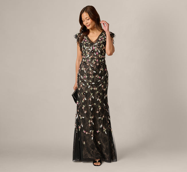 Flutter Sleeve Floral Sequin Beaded Lace Gown In Black Blush Multi, Black Blush Multi / Regular / 0