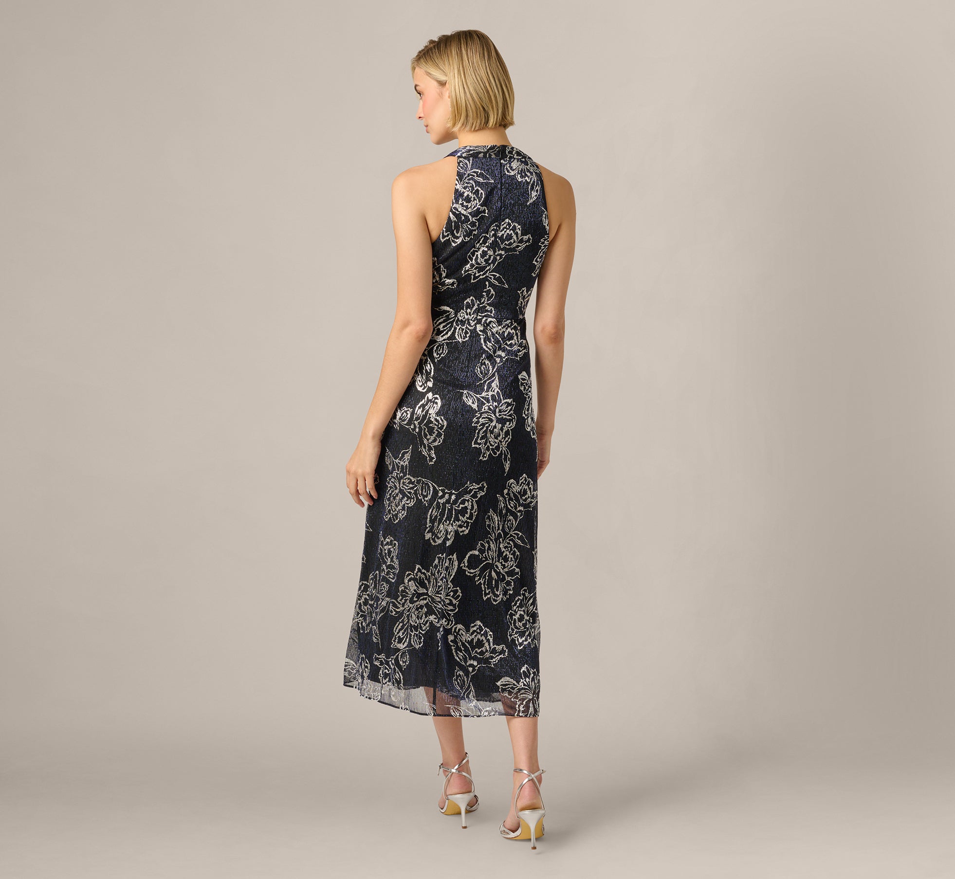 Metallic Crinkle Floral Midi Halter Dress In Black Gunmetal, Black/Gunmetal / Regular / 18 Metallic Crinkle Floral Midi Halter Dress In Black Gunmetal, Black/Gunmetal / Regular / 18