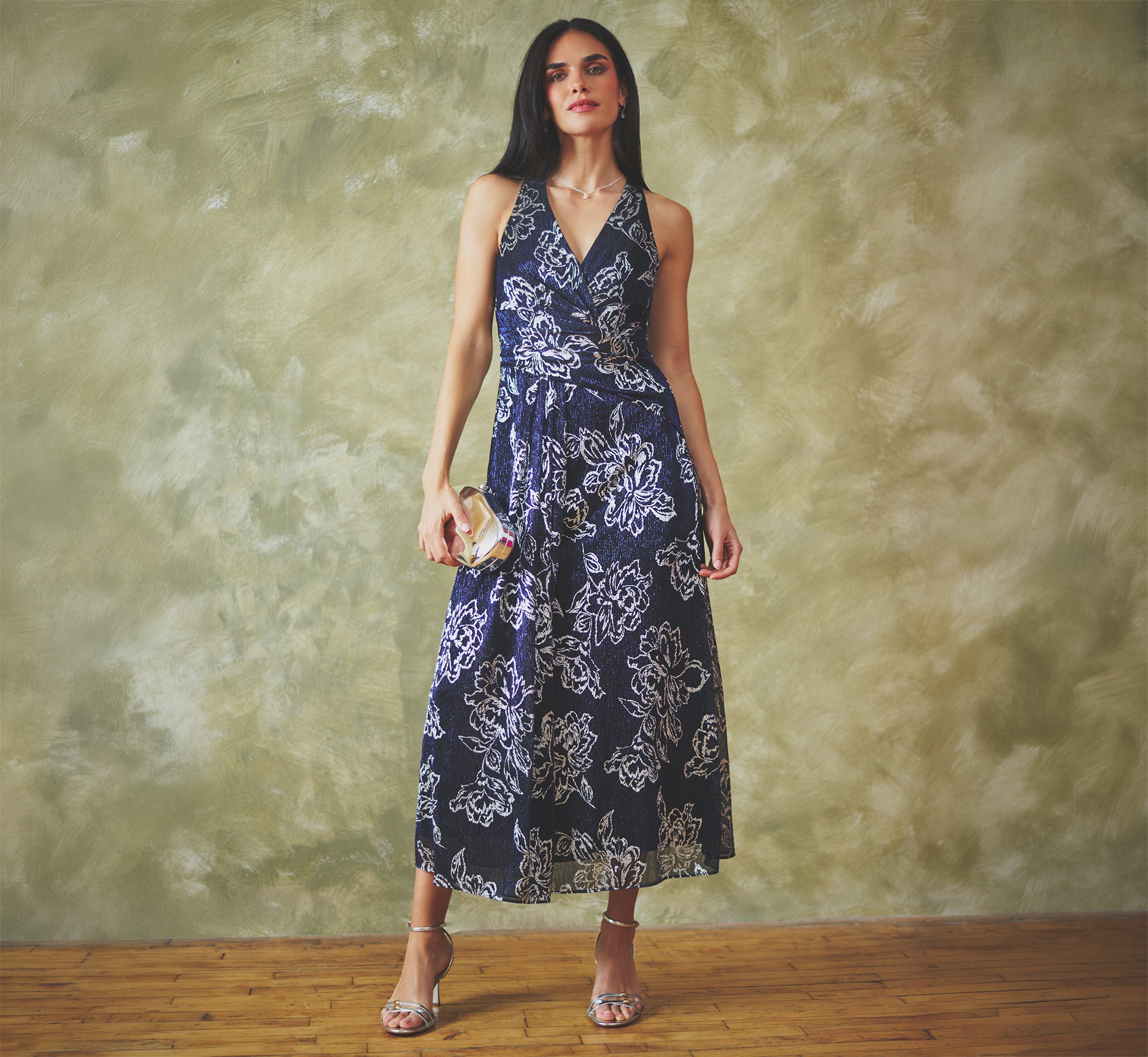 Metallic Crinkle Floral Midi Halter Dress In Black Gunmetal 1