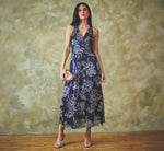 Metallic Crinkle Floral Midi Halter Dress In Black Gunmetal 1