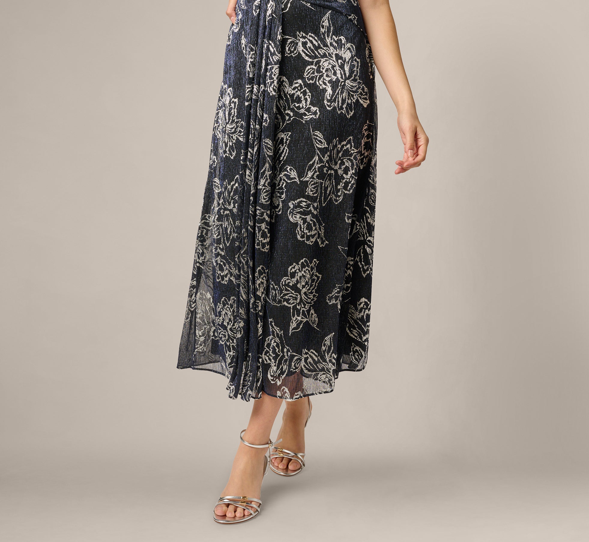 Black Metallic Crinkle Floral Midi Halter Dress - Adrianna Papell Black Metallic Crinkle Floral Midi Halter Dress - Adrianna Papell