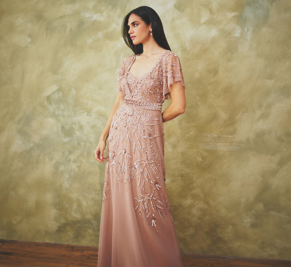 Adrianna Papell Women's Beaded Mesh Gown - Rose Gold